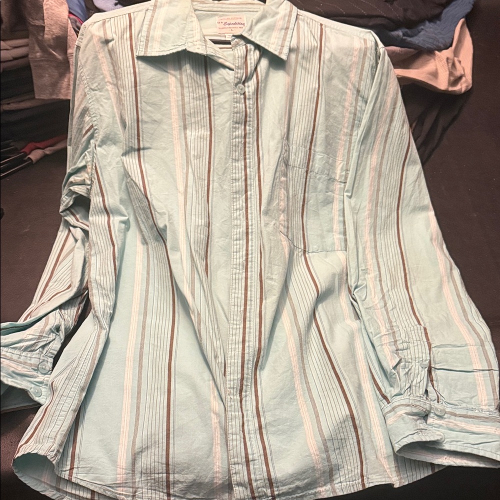 U.S. Expedition Men's Aqua Striped Button Down Shirt